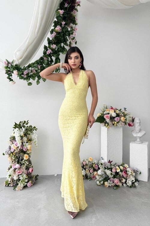 Lens Dantelli Midi Elbise Sarı