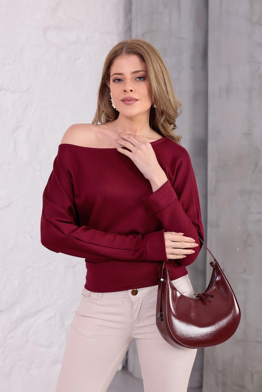 Luna Yarasa Kol Bel Büzgü Detaylı Bluz Bordo
