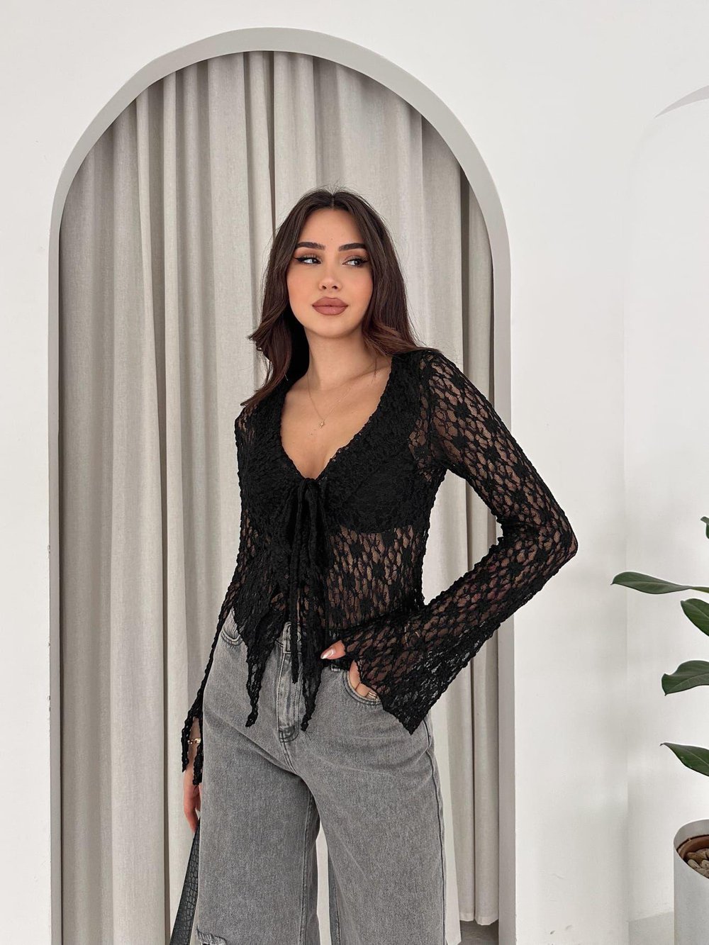Noir Lace Bağlamalı Dantel Bluz Siyah