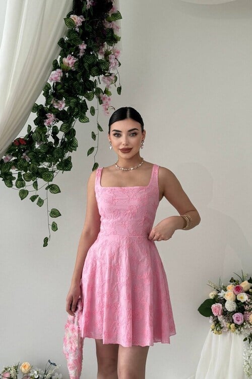 Ronney Çiçek Nakışlı Elbise Pembe