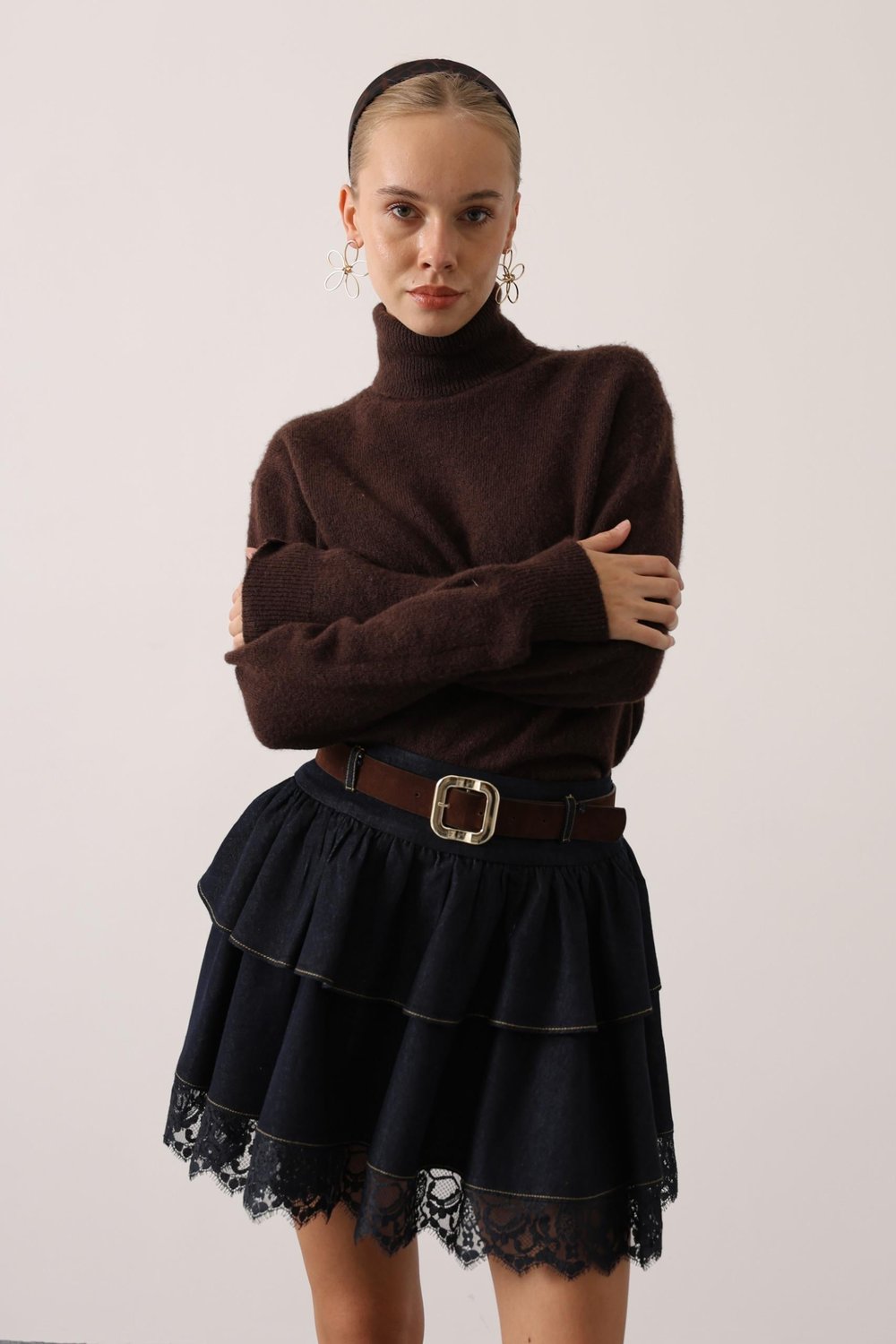 Roxie Kat Kat Dantelli Denim Mini Etek Kot Mavi
