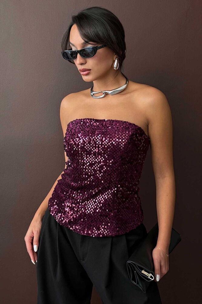 Rubina Payetli Straplez Bluz Mürdüm
