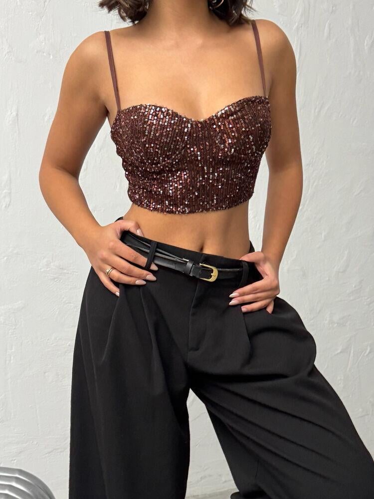 Seduction Payetli Büstiyer Koyu Kahve
