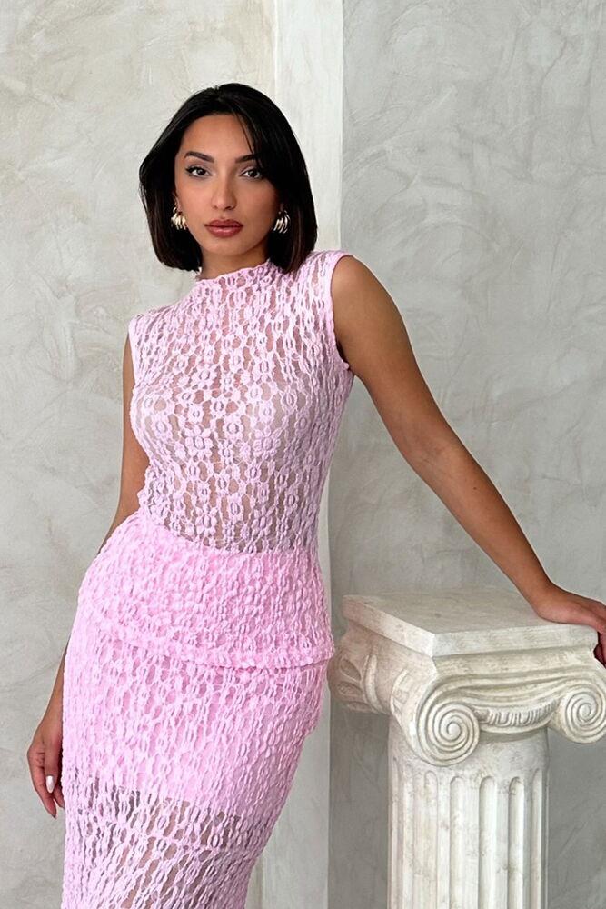 Tiva Transparan Dantel Bluz Pembe