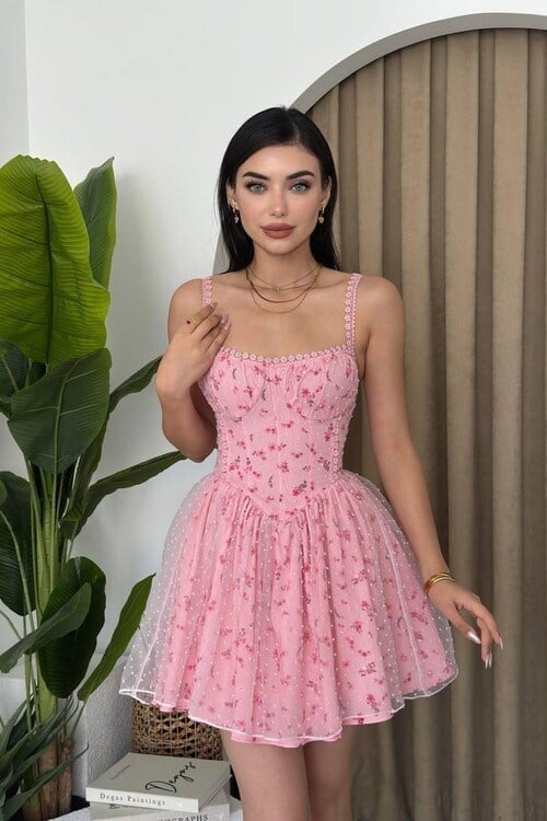 Tül Detaylı Mini Elbise Pembe