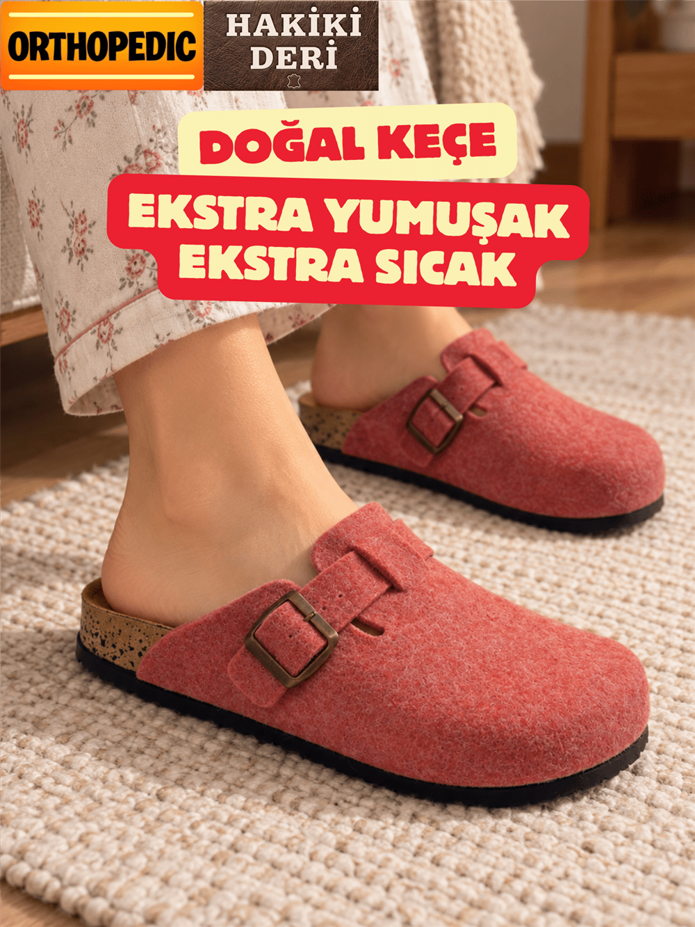 Doğal Keçeli Ortopedik Hakiki Deri Kışlık Ev Terliği Tokalı 9 Dokunuş
