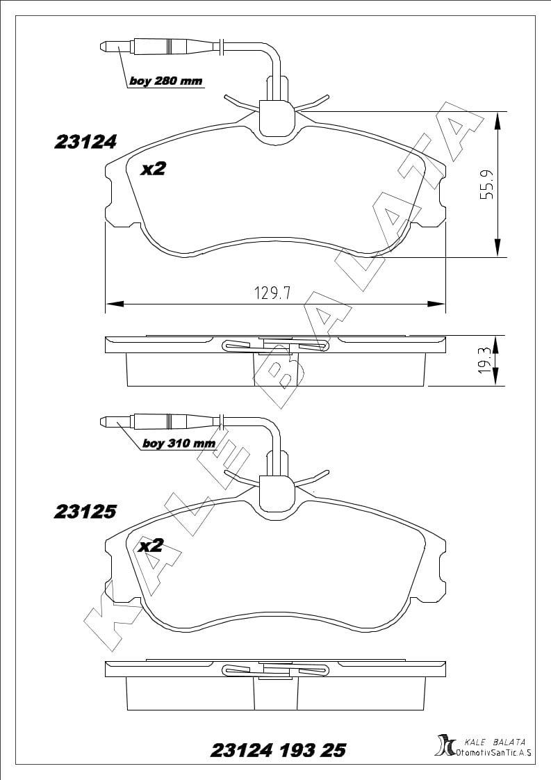 Disk Balata Ön 306 93>03 Partner Berlingo 96>08 Xsara 98>05 Kalebalata 23124 193 25