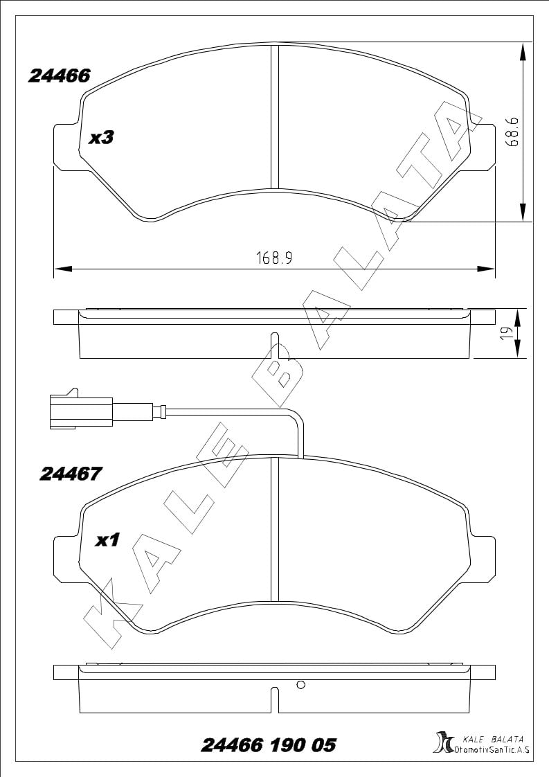 Disk Balata Ön Tek Fişli+Civatalı Boxer Jumper Ducato Iıı 06> Jest 14> Kalebalata 24466 190 05