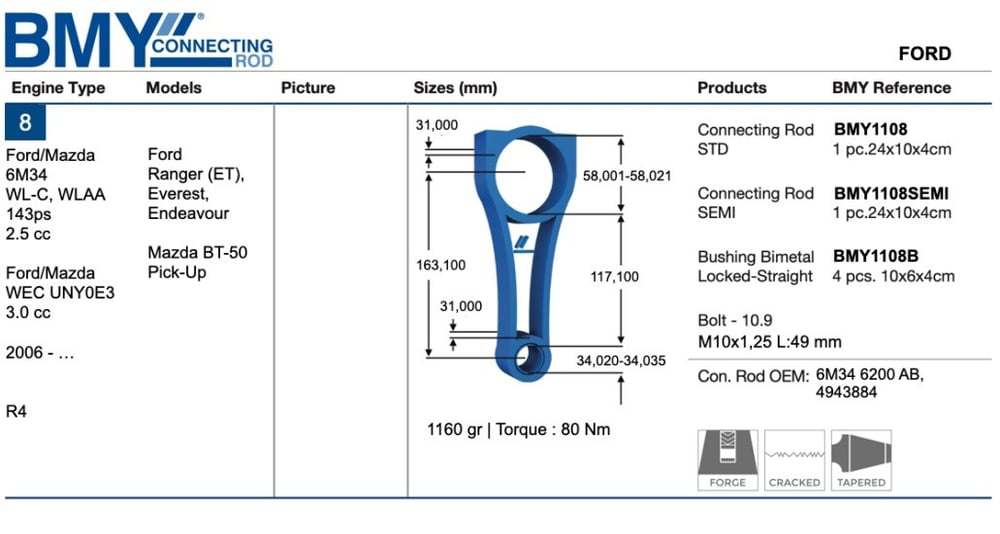 Piston Kolu Ranger 2.5 Dohc 16V 06>11 Bmy 1108