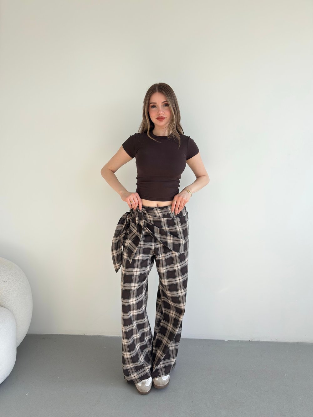 Fularlı Keten Ekose Pantolon