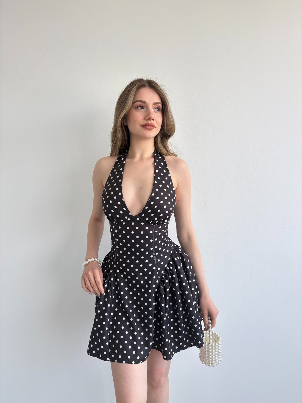 Halter Bağlamalı Puantiyeli Elbise
