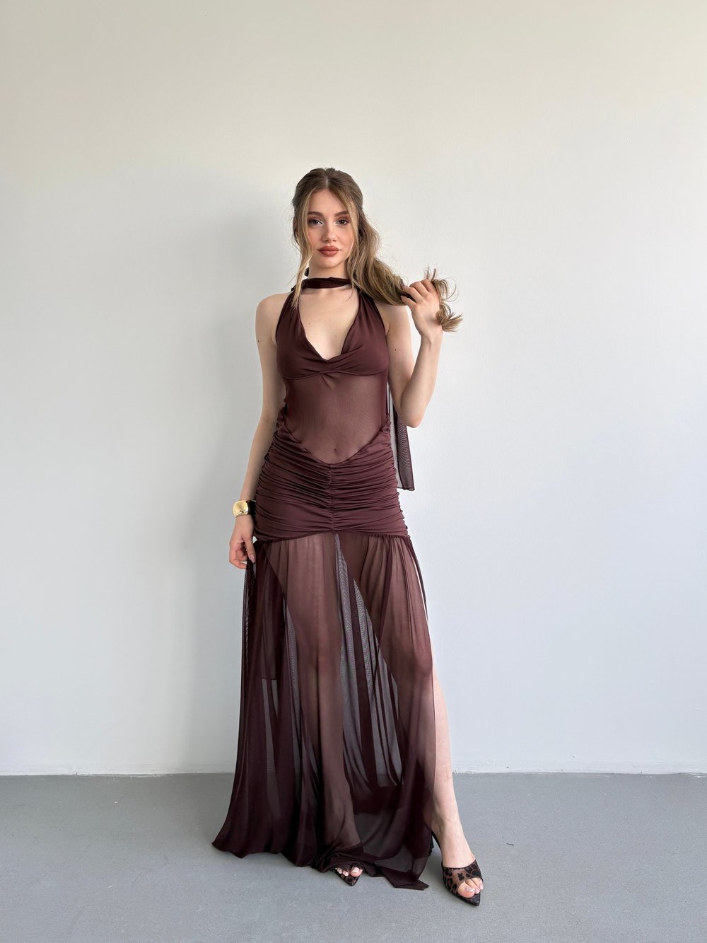 Halter Şallı Transparan Elbise