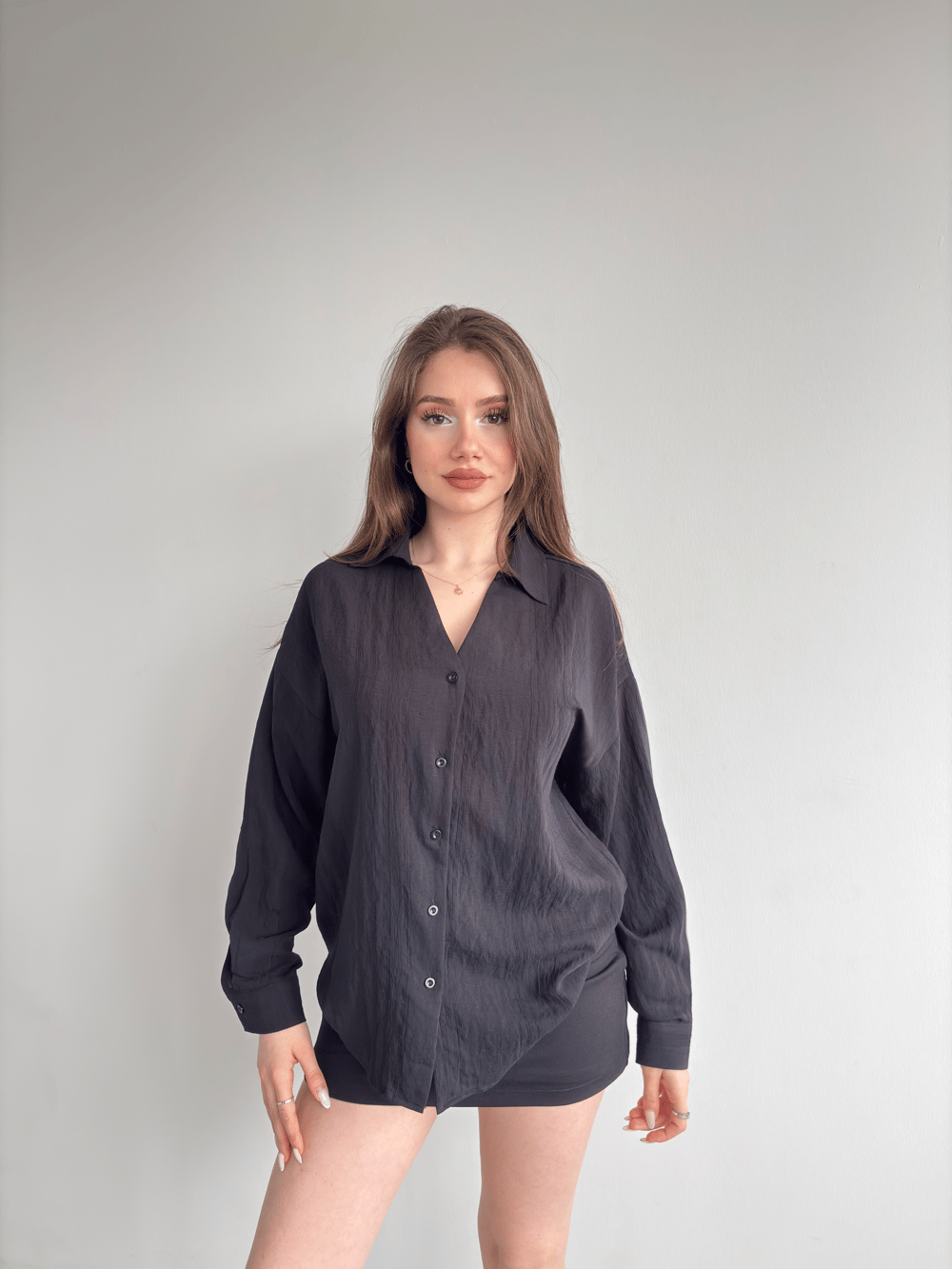 Keten Dokulu Oversize Gömlek
