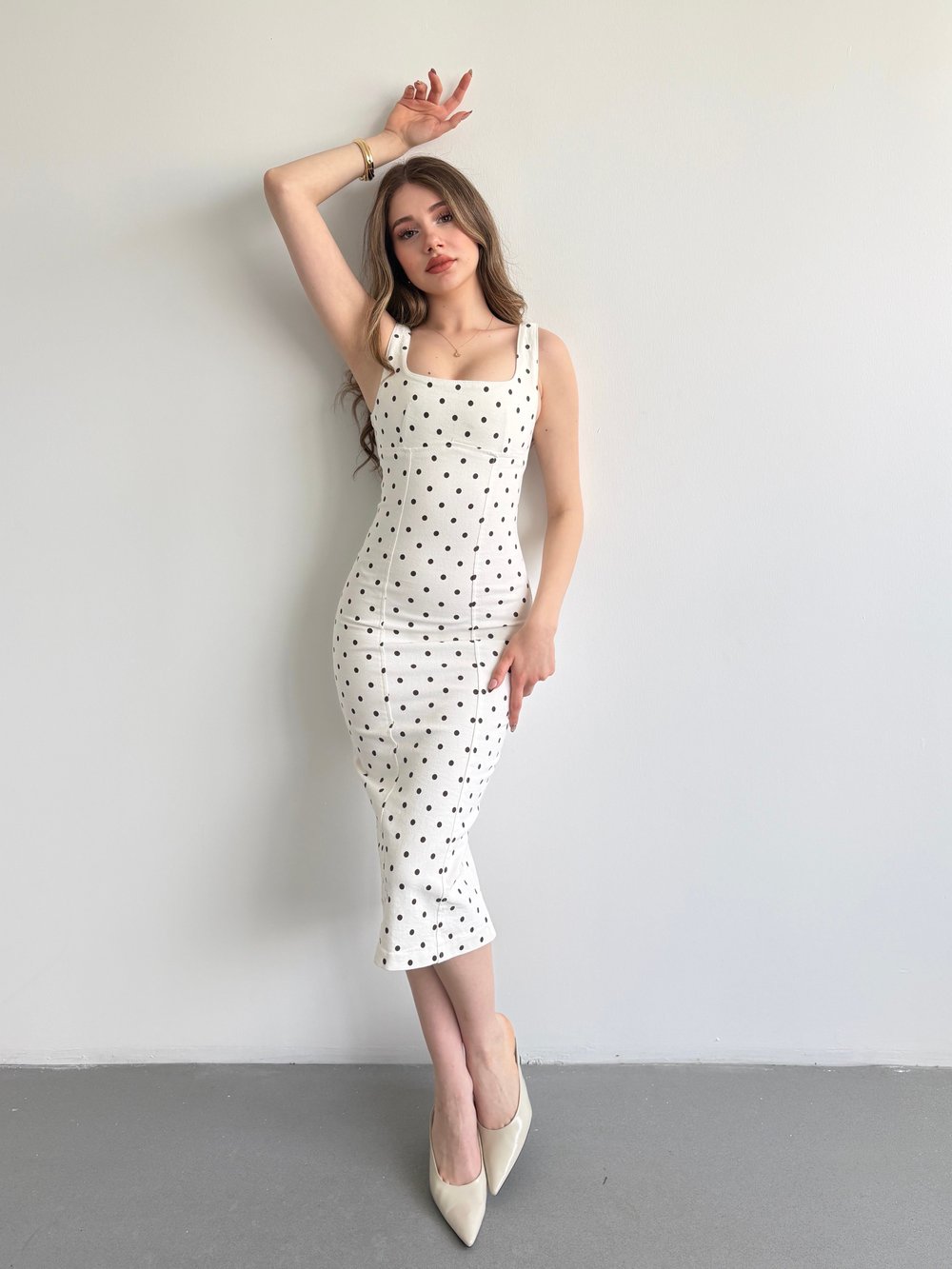 Puantiyeli Denim Midi Elbise