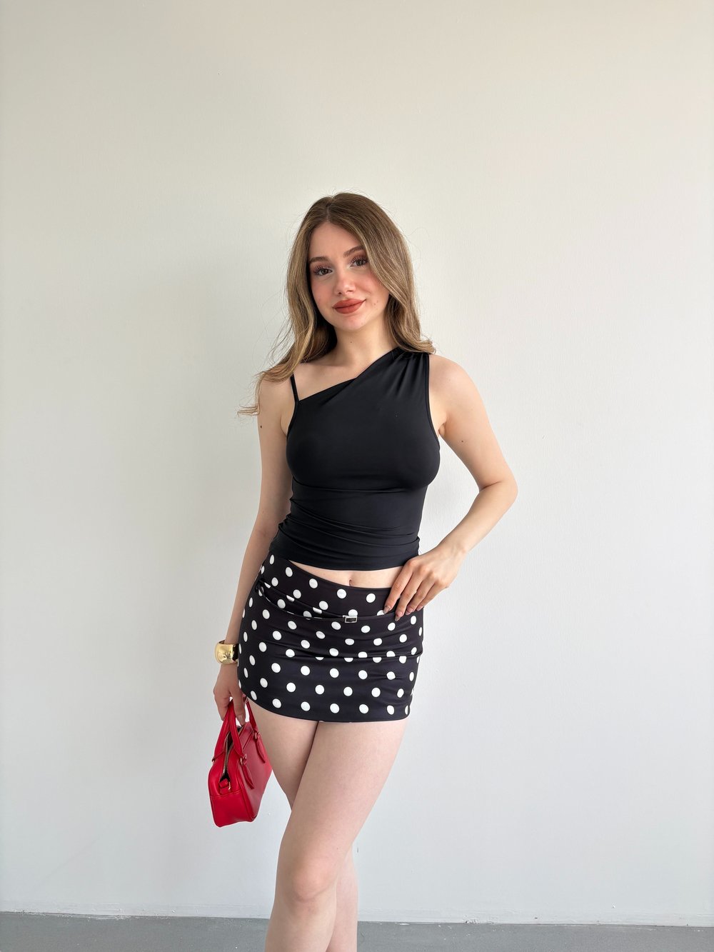 Puantiyeli İnce Kemerli Etek