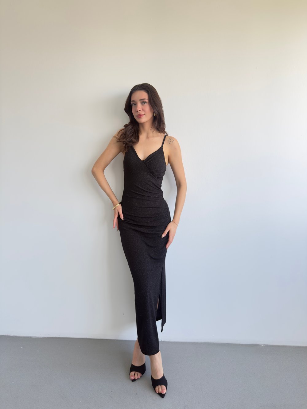 Simli Drape Uzun Elbise