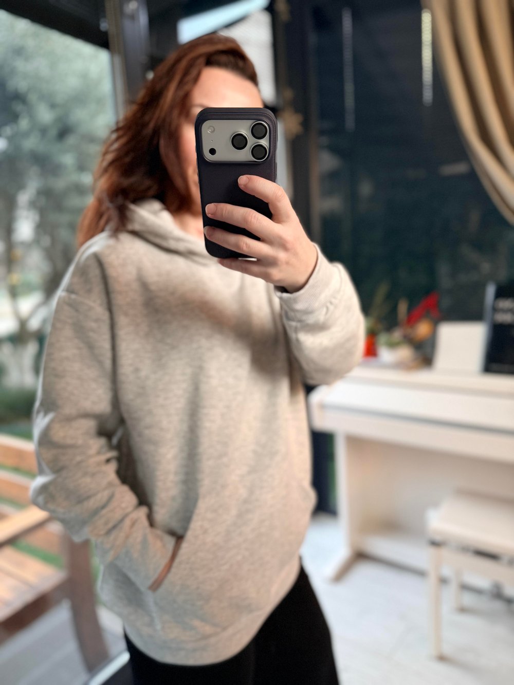 Kapüşonlu Uzun Gri Renk Sweatshirt 
