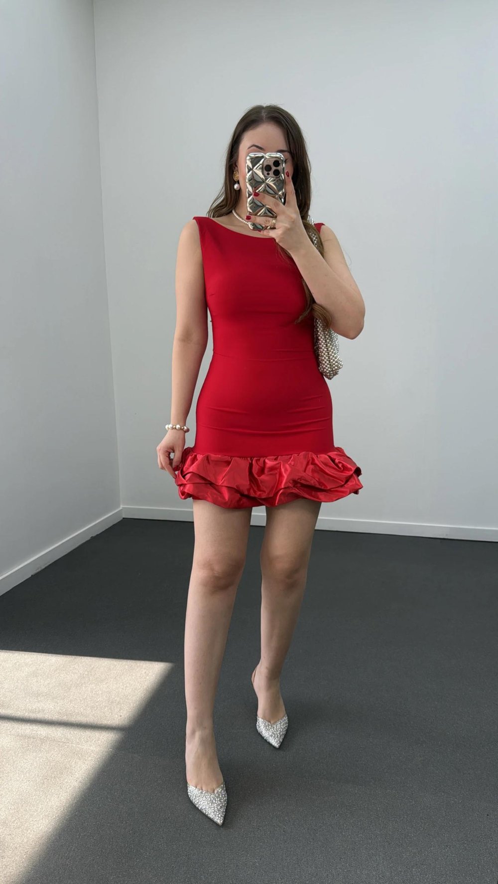 Ballery Kırmızı Saten Fırfırlı Şortlu Mini Elbise