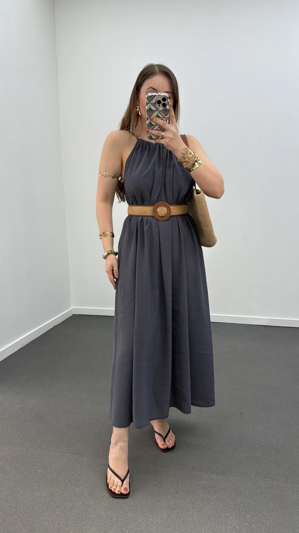 Bella Antrasit Modal Kumaşlı Maxi Elbise