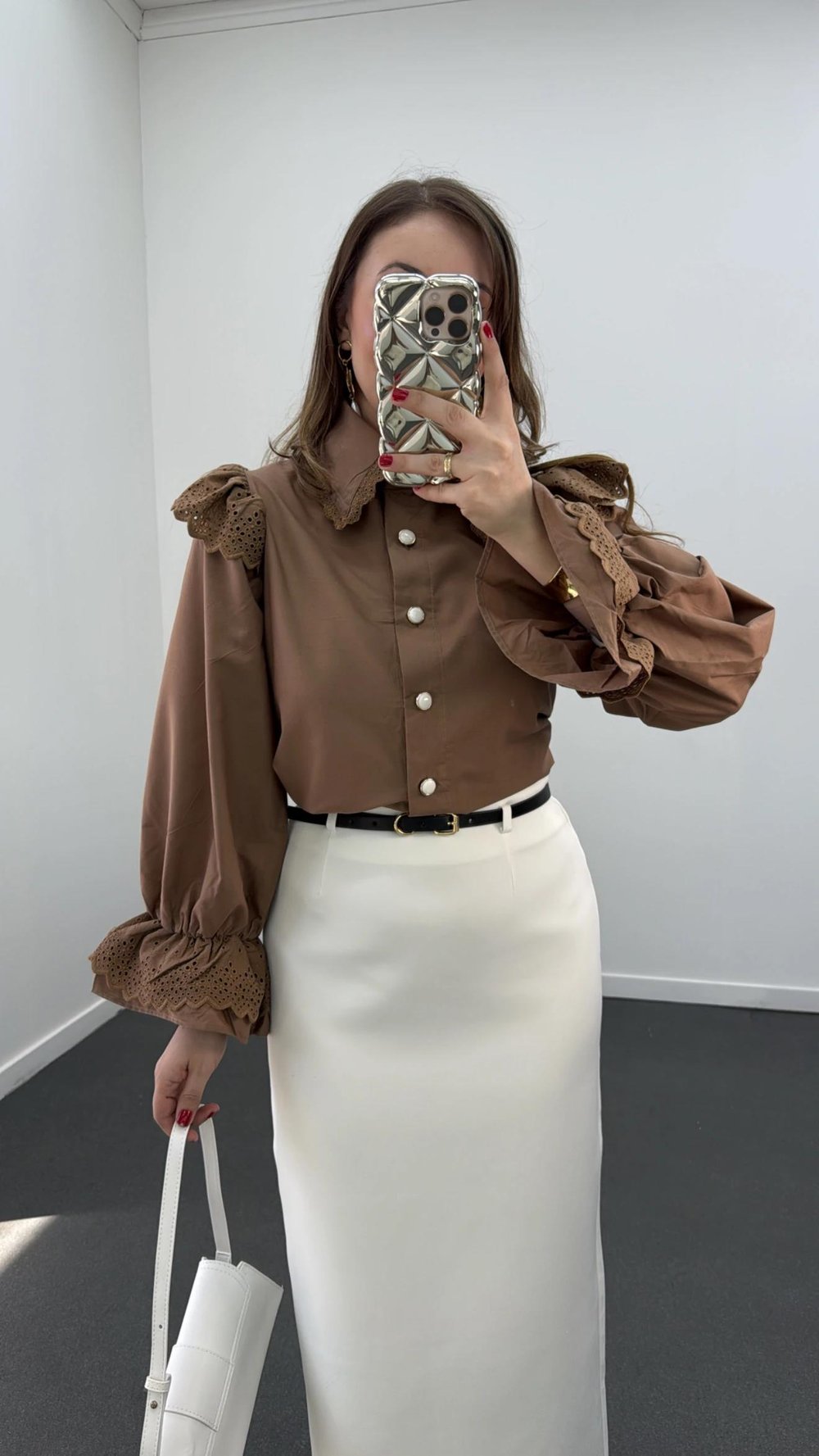 Bonjour Kahve Bebe Yakalı Fisto İşlemeli Gömlek