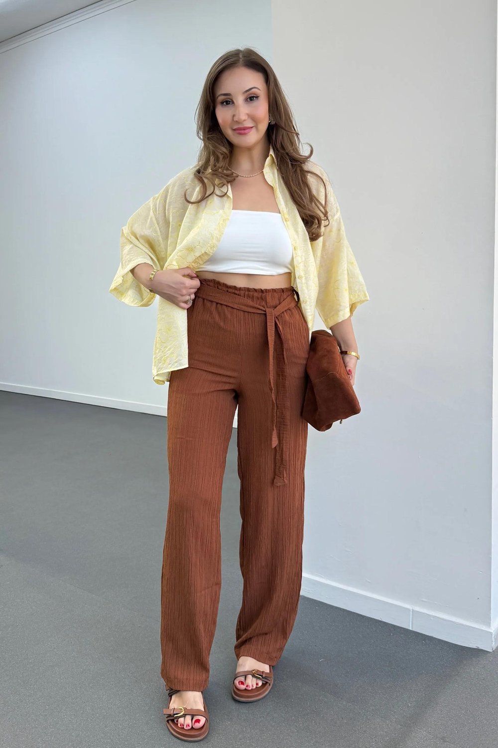 Grace Kiremit Beli Lastikli Müslin Kumaş Pantolon