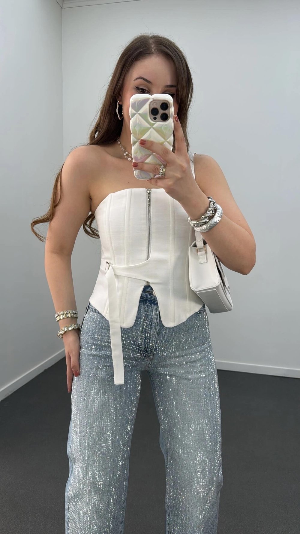 Jennie Beyaz Fermuarlı Balenli Korse Crop