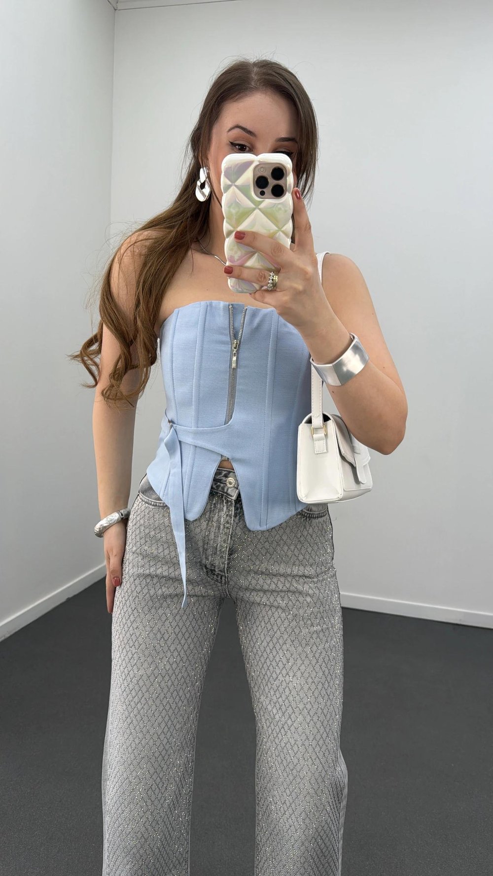 Jennie Mavi Fermuarlı Balenli Korse Crop