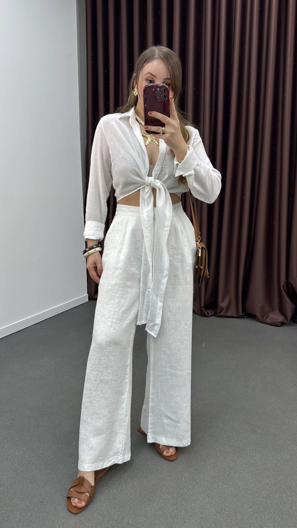 Kira Beyaz Pileli %100 Keten Kumaş Palazzo Pantolon