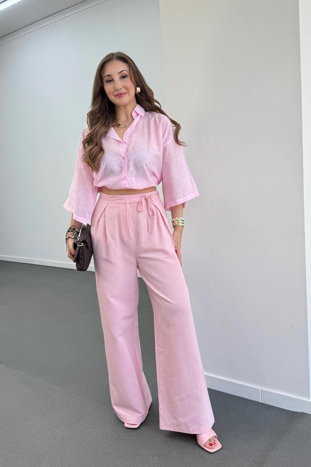 Maja Pembe Yandan Bağlamalı Keten Palazzo Pantolon