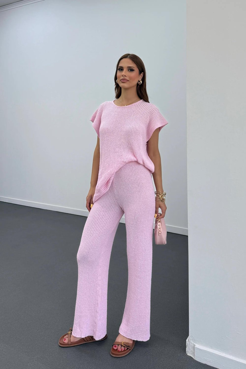 Malia Pembe İnce Örme Melanj Takım