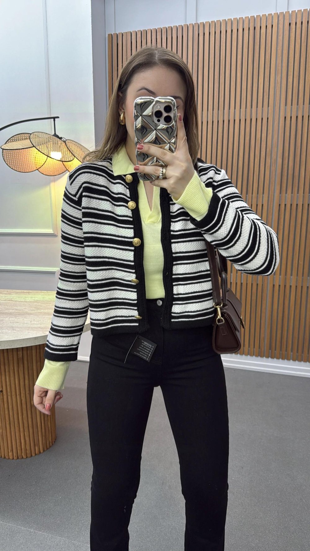 Massi Siyah Beyaz Çizgili Gold Düğmeli Hırka