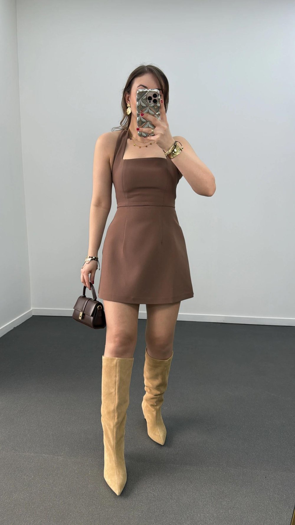 Menrie Kahve Kare Yaka Çan Elbise