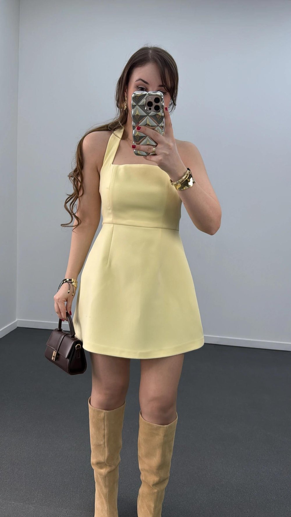 Menrie Sarı Kare Yaka Çan Elbise