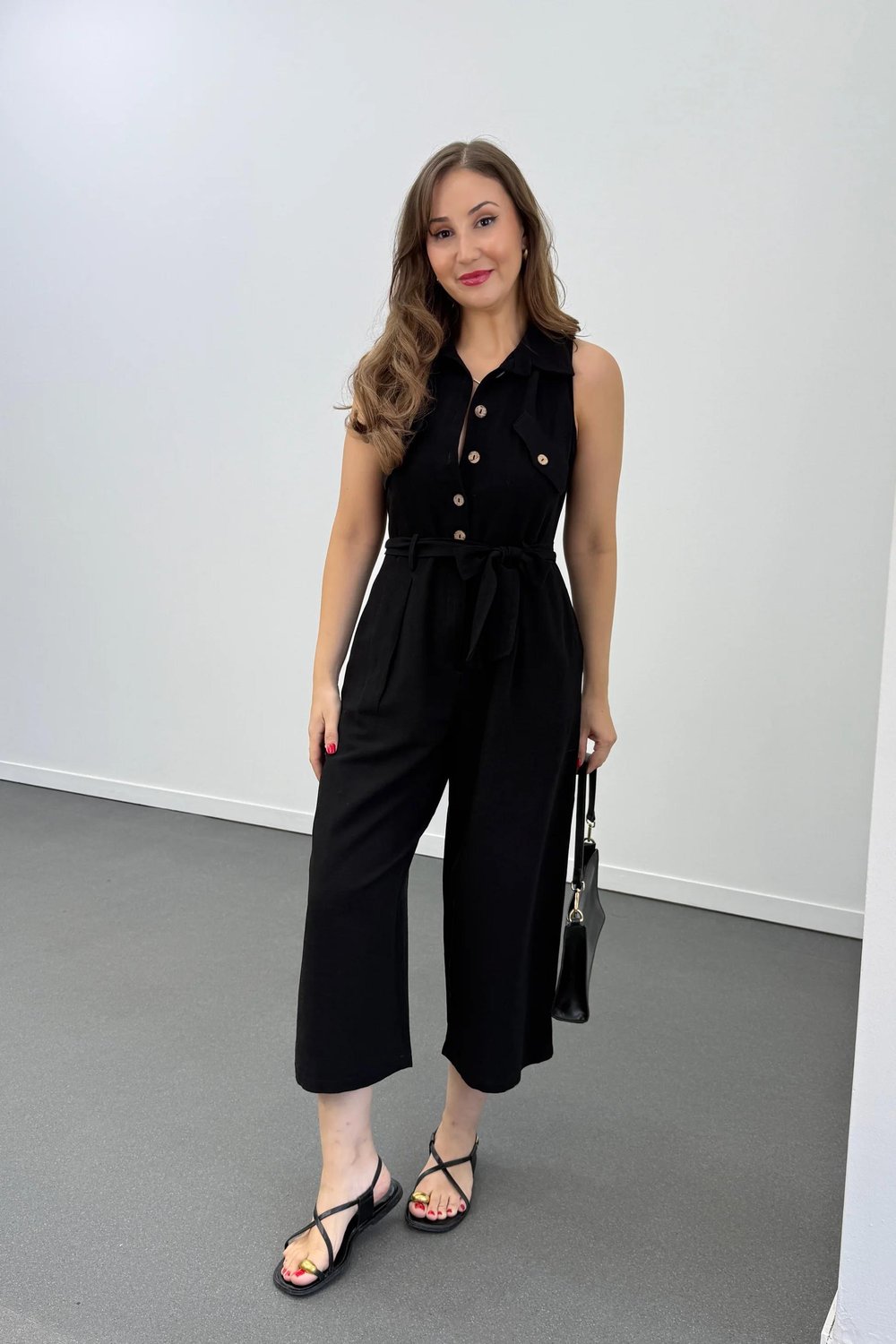 Myra Siyah Kahve Düğmeli Pamuk Keten Tulum