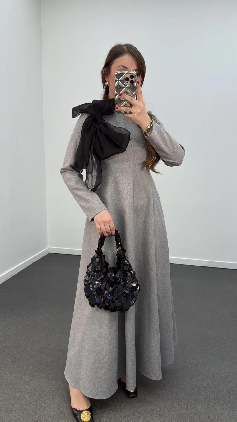 Princess Gri Uzun Kol Fiyonklu Elbise