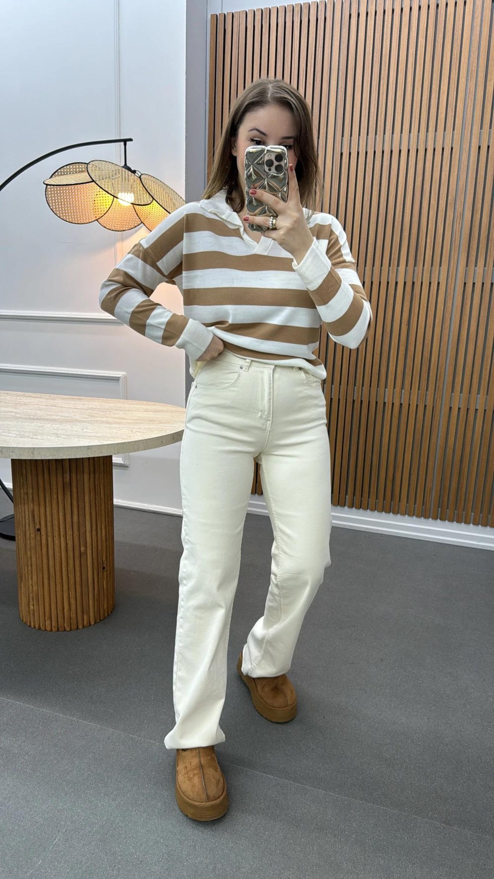 Roma Krem Likralı Wide Leg Jeans