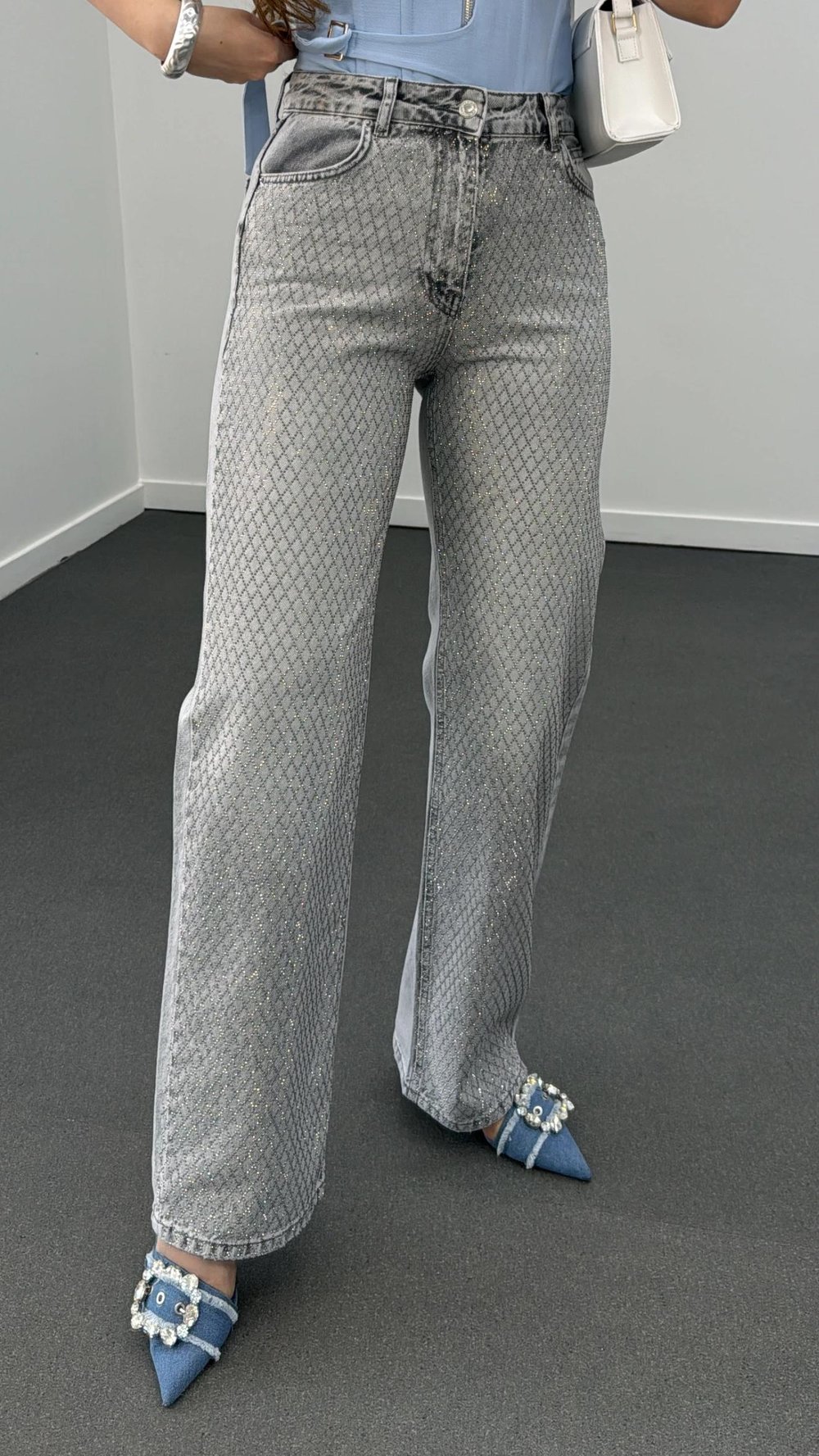 Shine Gri Renk Taş İşlemeli Straight Fit Jeans