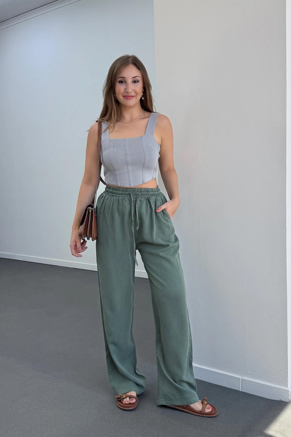 Sonya Yeşil Beli Lastikli Salaş Pantolon