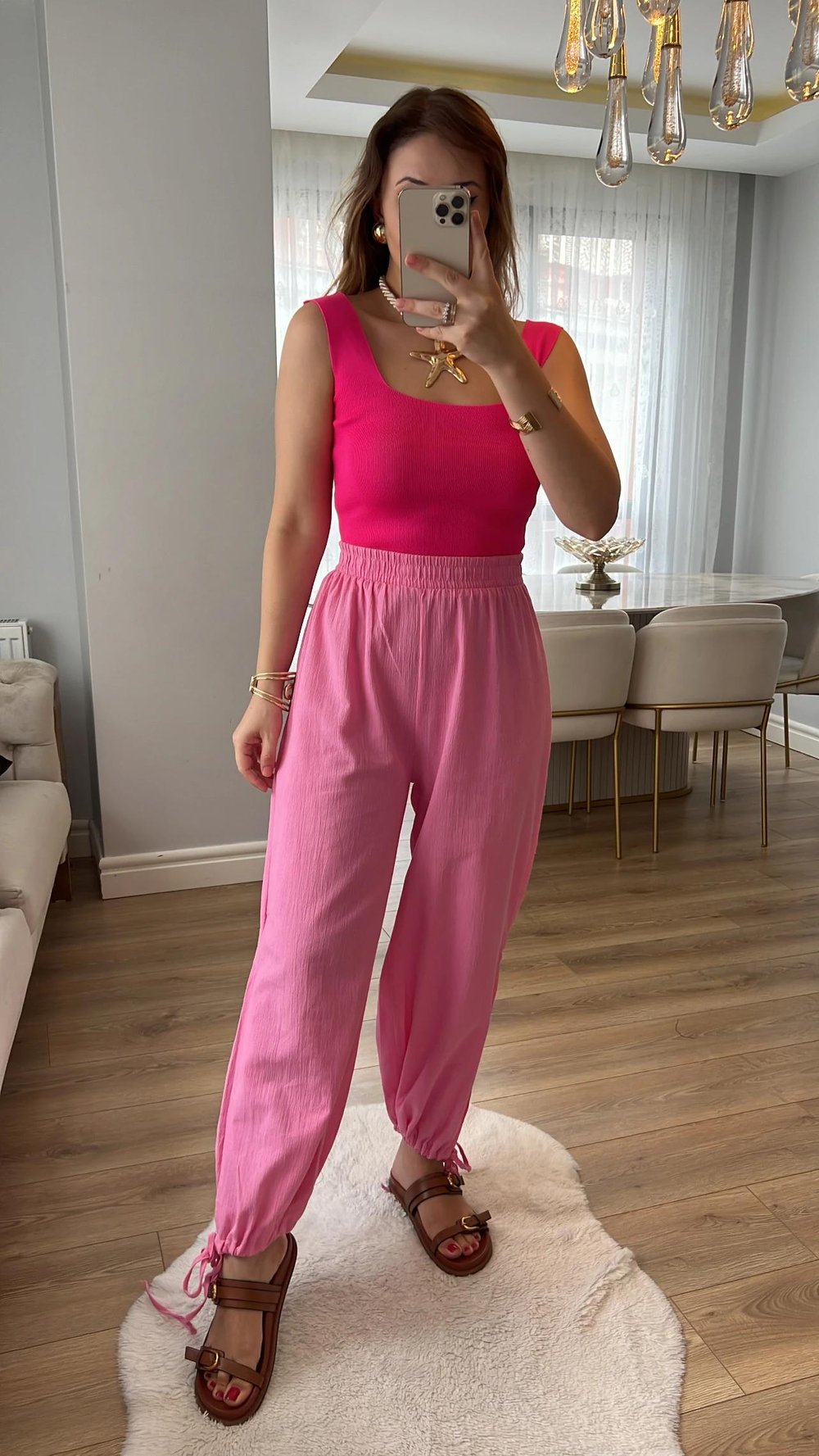 Yasmin Pembe %100 Pamuk Paça Detaylı Kumaş Pantolon