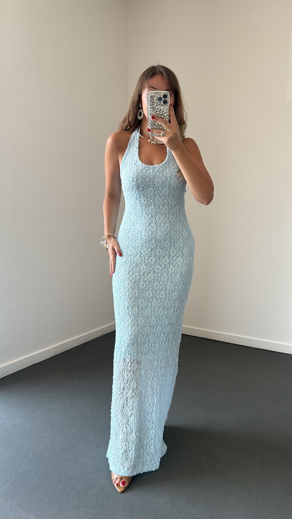 Arisu Bebe Mavi Halter Yaka Dantelli Maxi Elbise