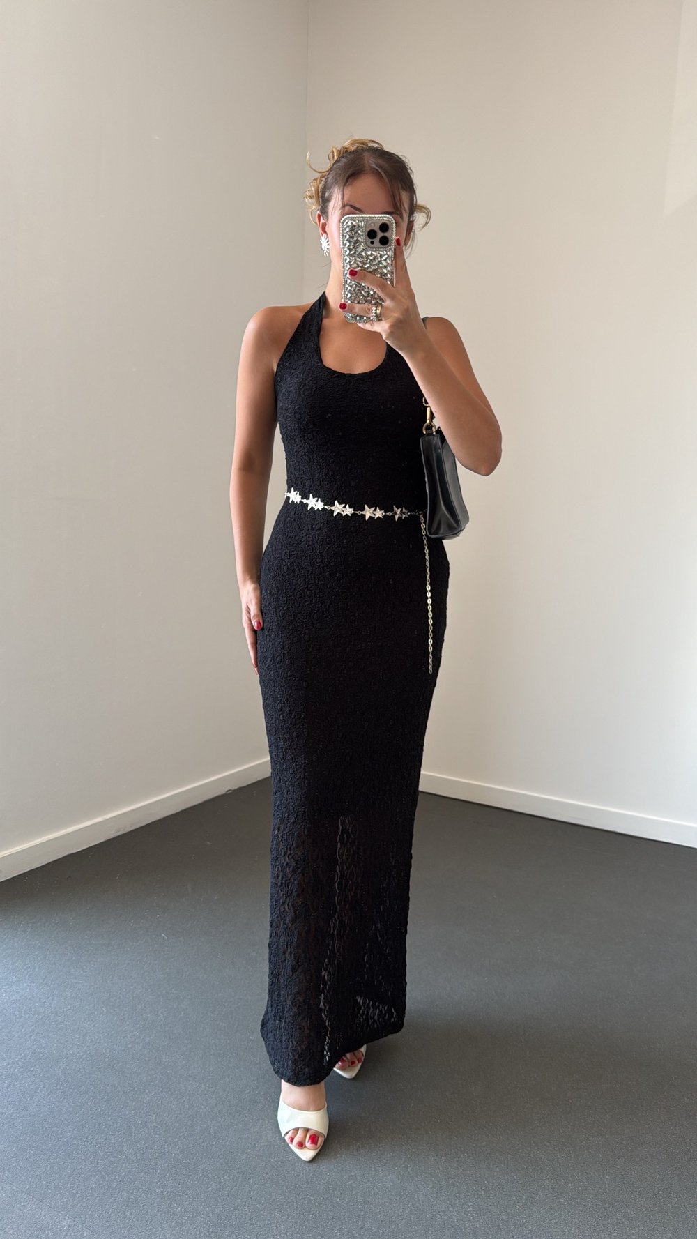 Arisu Siyah Halter Yaka Dantelli Maxi Elbise