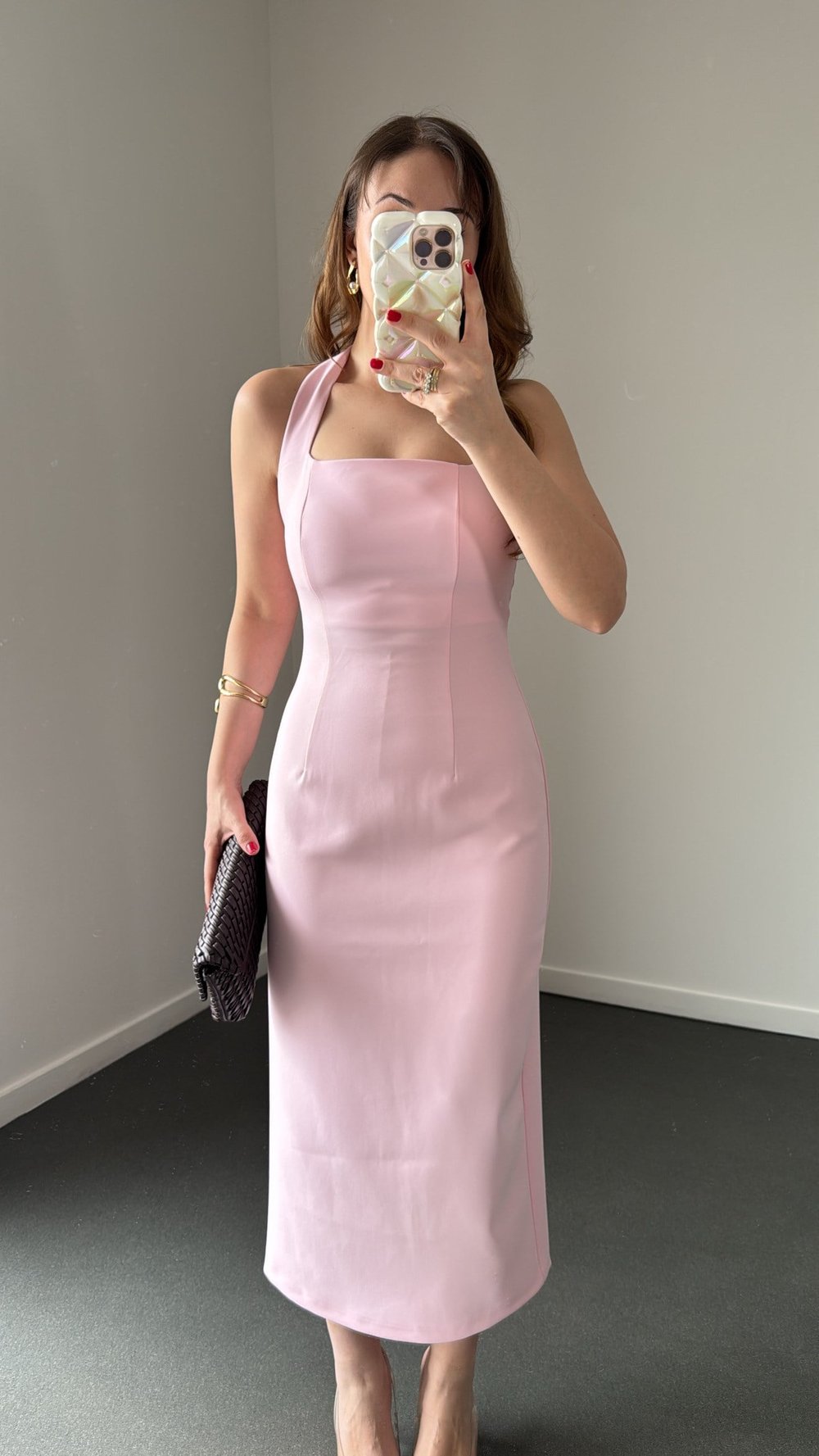 Aurora Toz Pembe Kare Yaka Midi Kalem Elbise