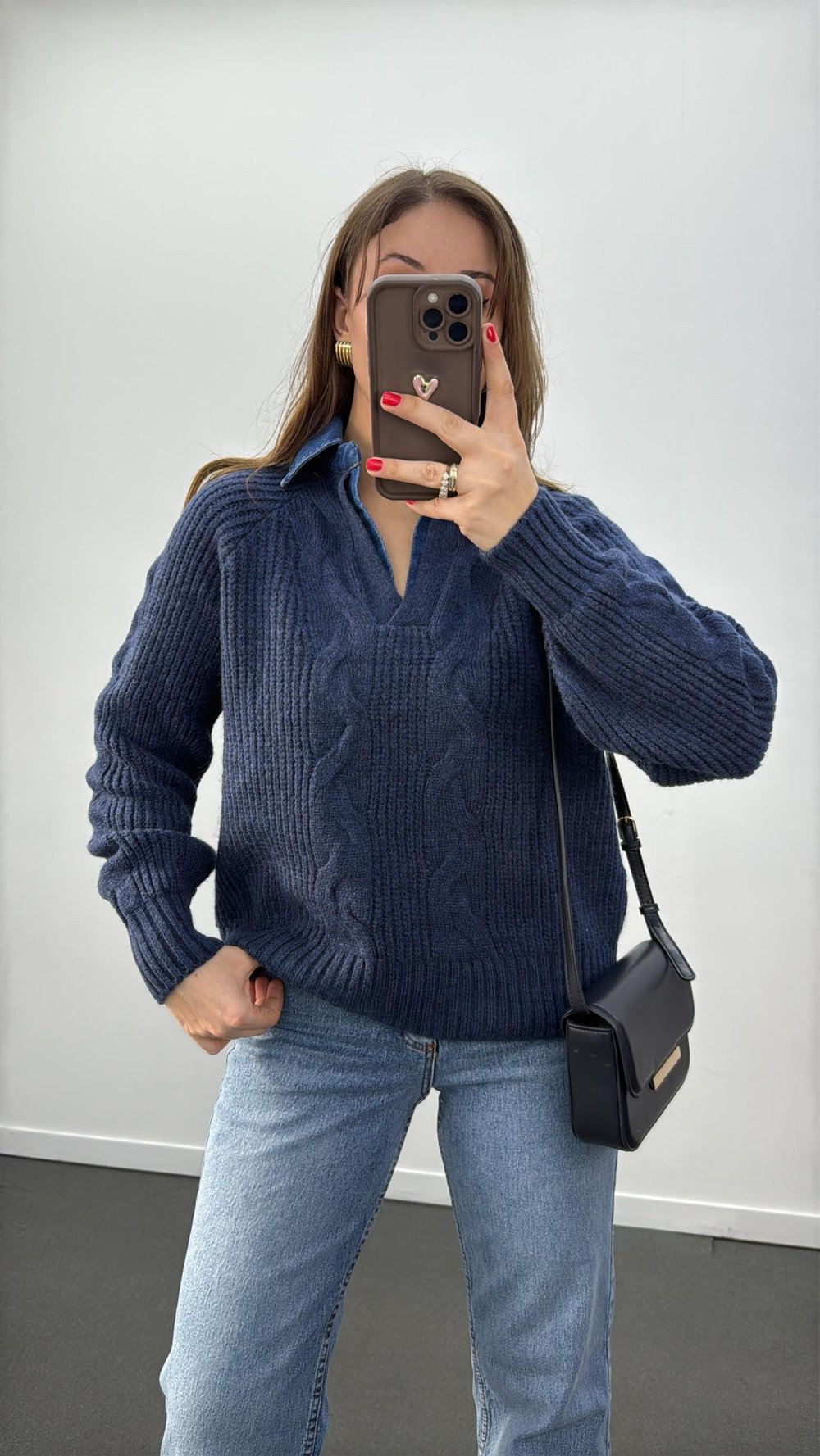 Belis Lacivert Polo Kot Yaka Saç Örgü Triko