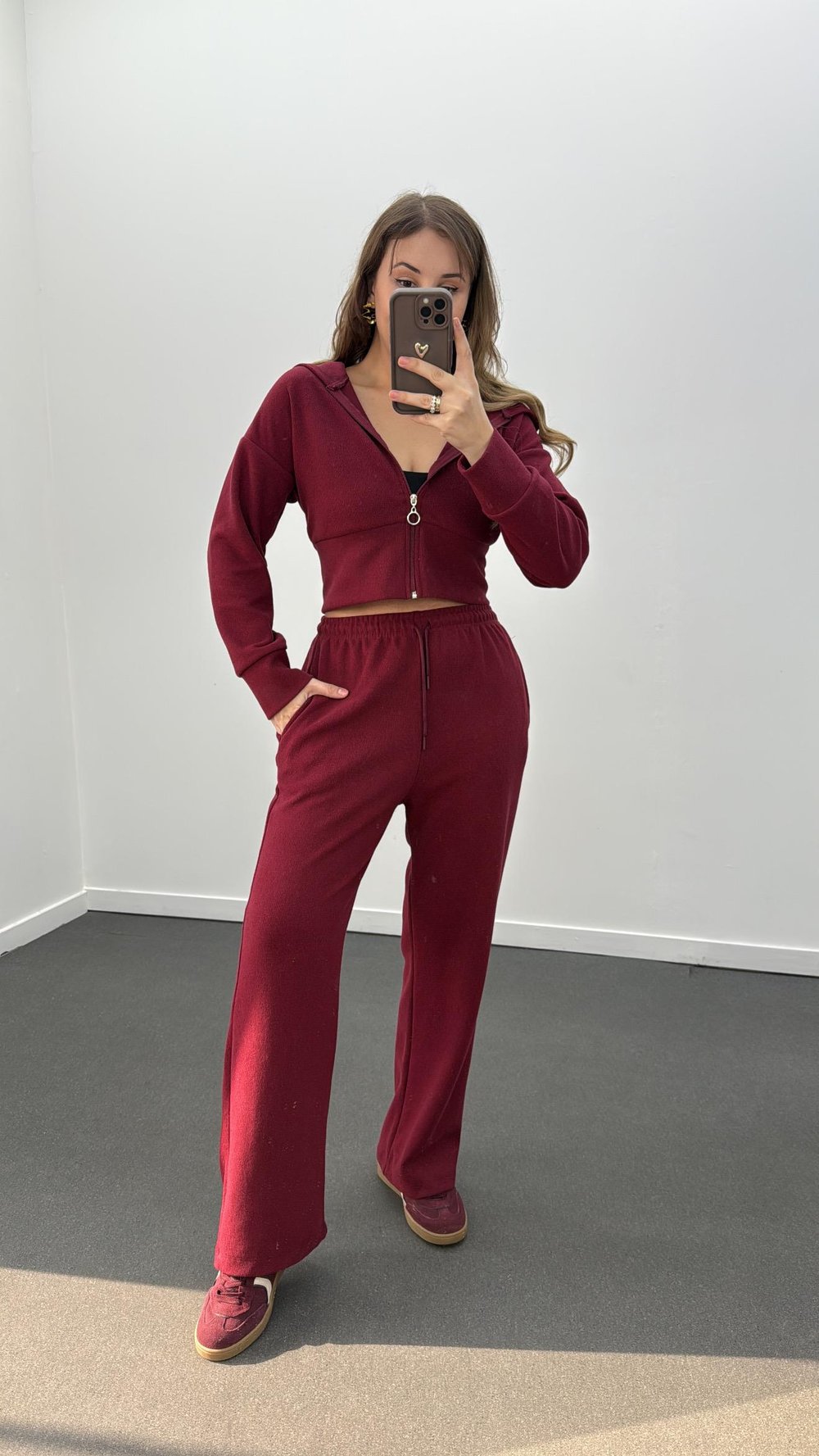 Bianca Bordo Fitilli Triko Crop Hırka Eşofman Takımı