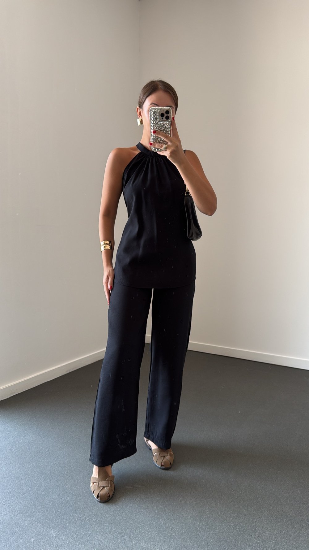Britney Siyah Tensel Halter Yaka Bluz Ve Pantolon Takım