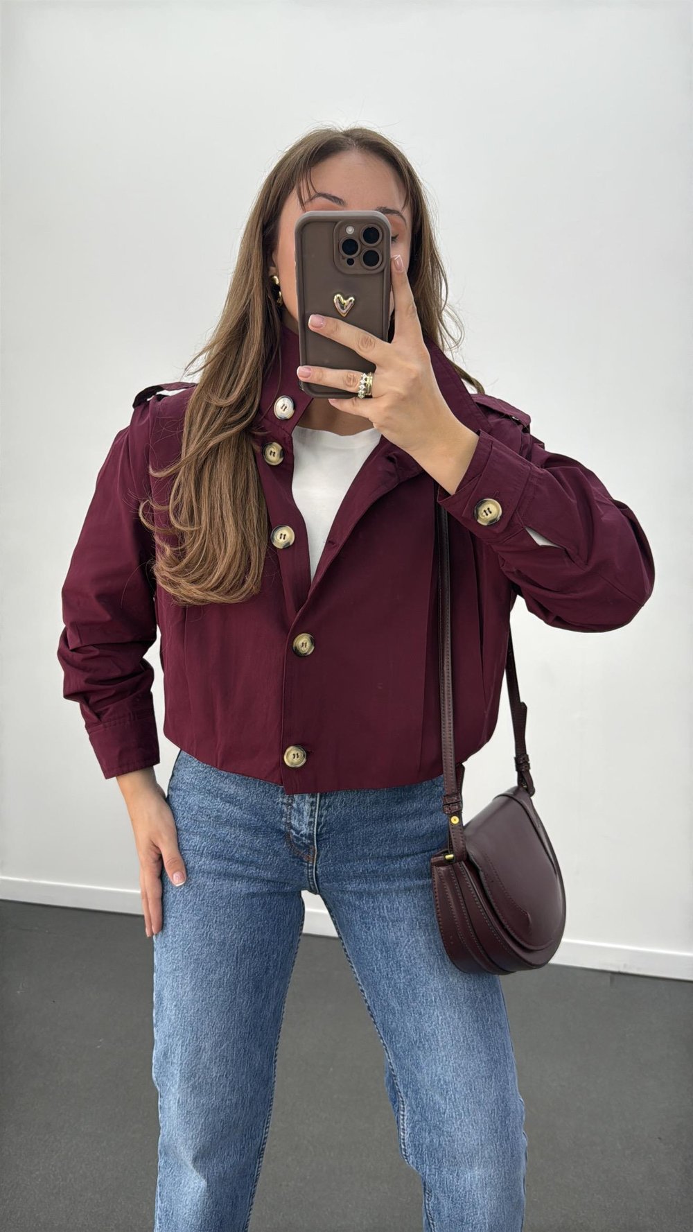 Bronte Bordo Kısa  Kahve Düğmeli Trençkot