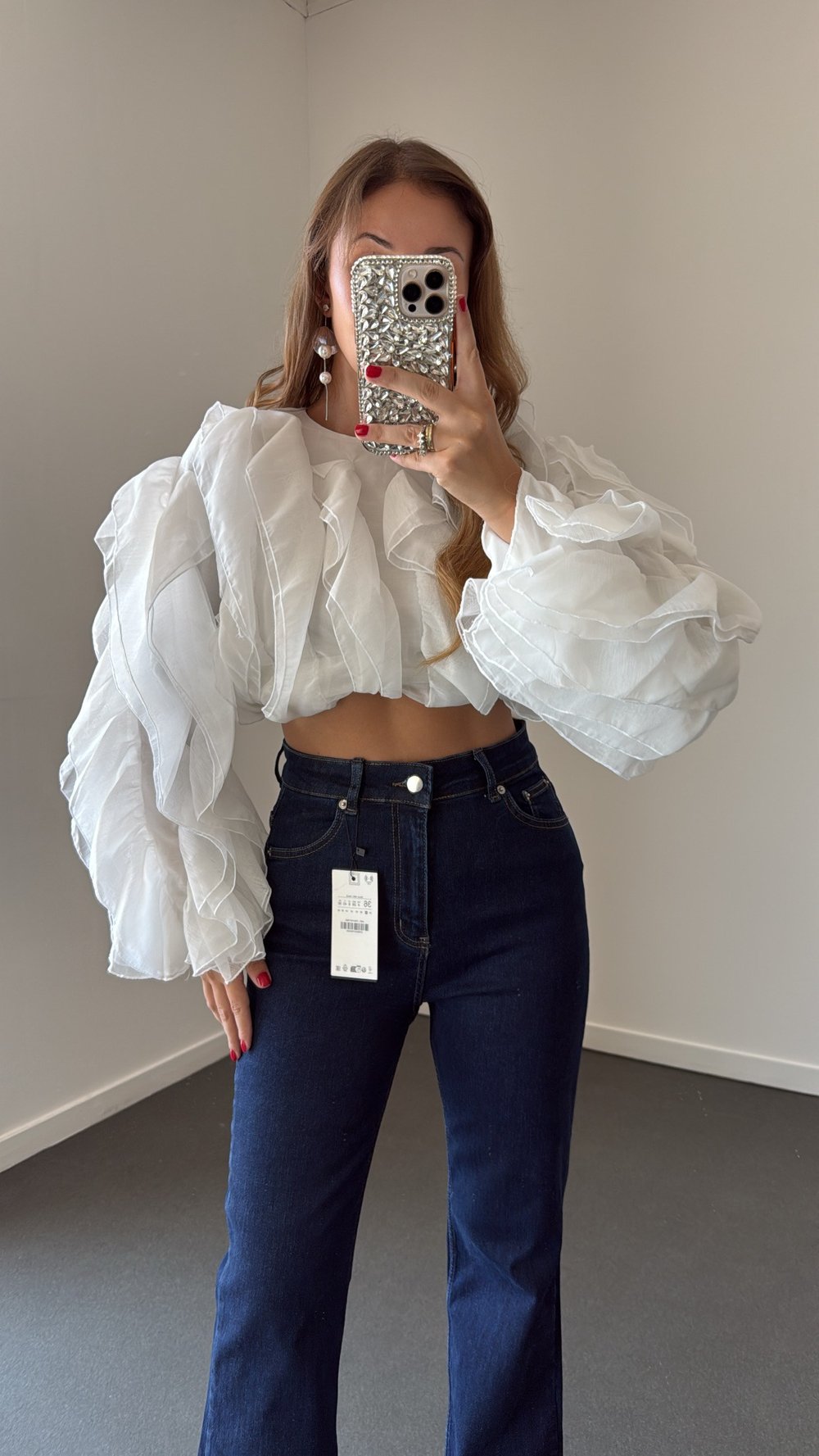Candy Beyaz Organze Fırfırlı Tasarım Bluz