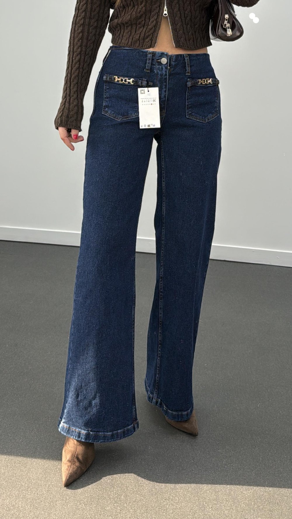 Dubai Lacivert Likralı Zincir Cep Detaylı Flare Jeans