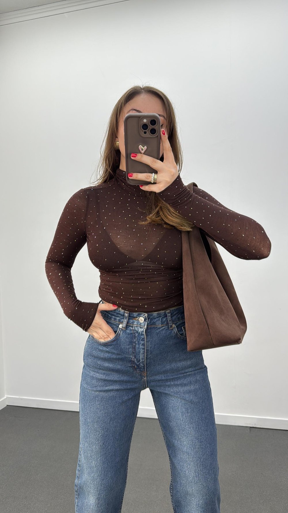 Elsa Kahve Taş Aksesuarlı Balıkçı Yaka Kaşmir Bluz