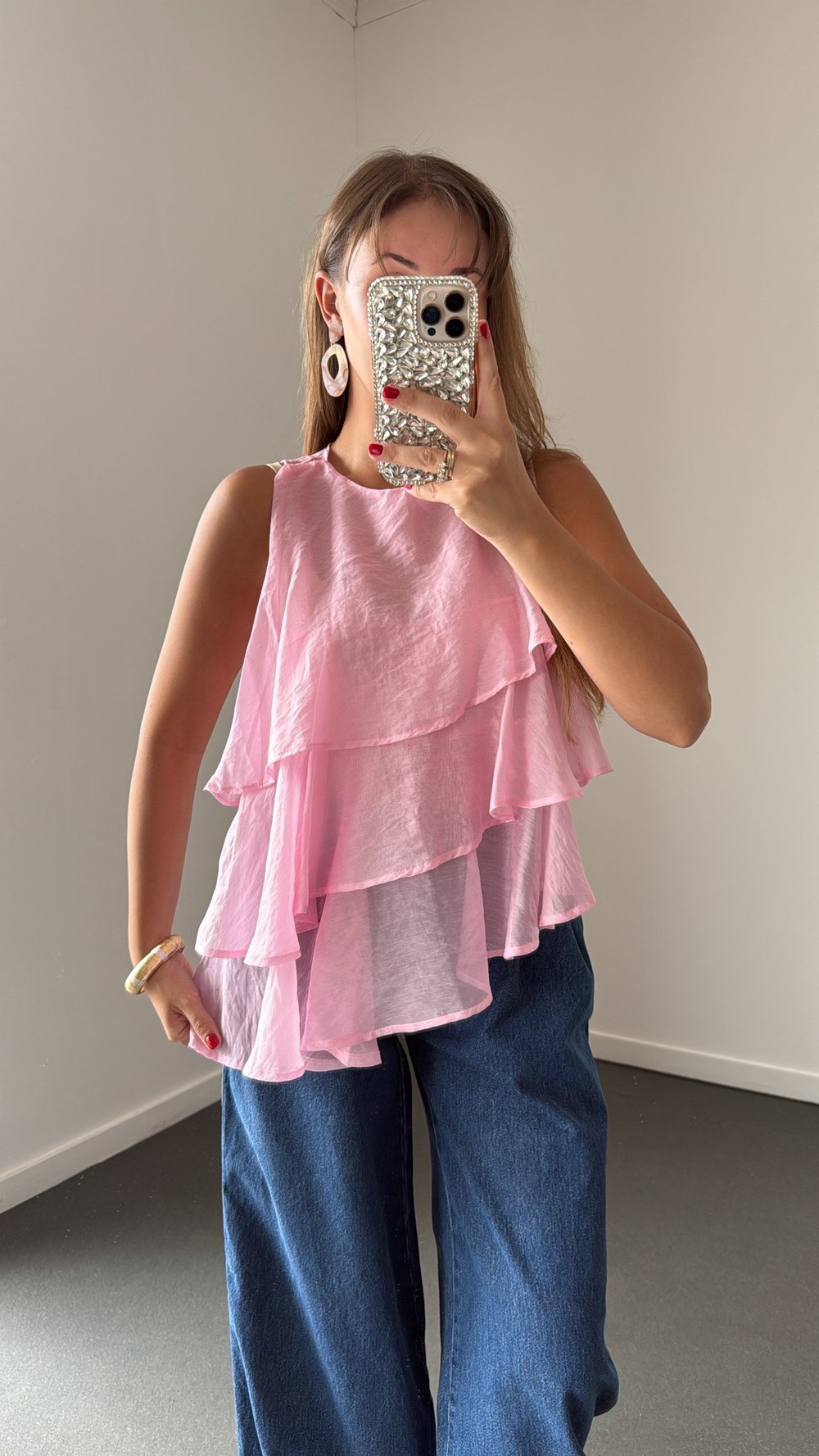 Fancy Pembe Asimetrik Kat Kat Bluz